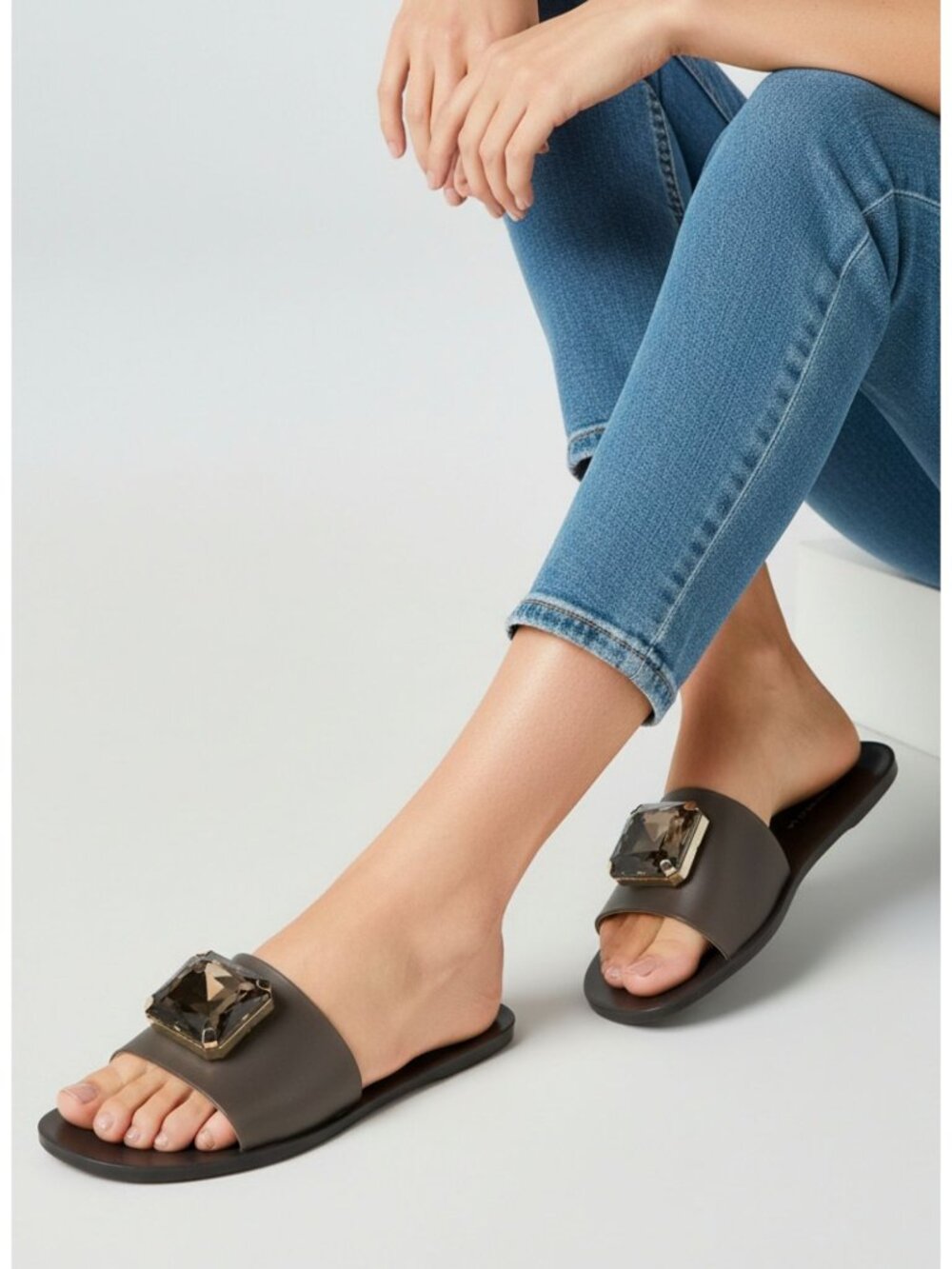 Shoe Republic LA Black Slides With Large Crystal Embellishments Perfect For Casu